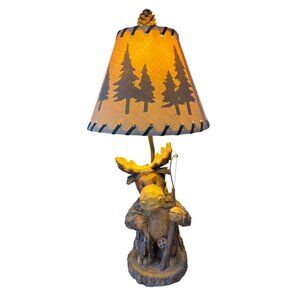 Rustic Carved Wood Moose Table Lamp w/ Pine Tree Shade – Lodge Cabin Decor – 21